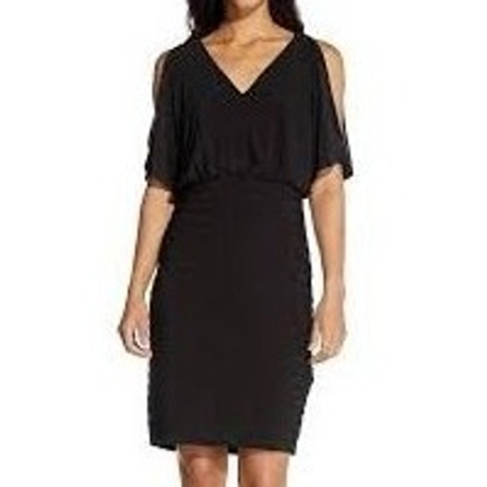 Adrianna Papell Drape Dress Women's Size 14 Black Cold Shoulder Holiday Cocktail
